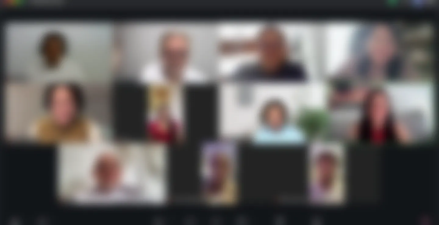 Mosaico de una sesión de mentoría grupal online, rostros difuminados