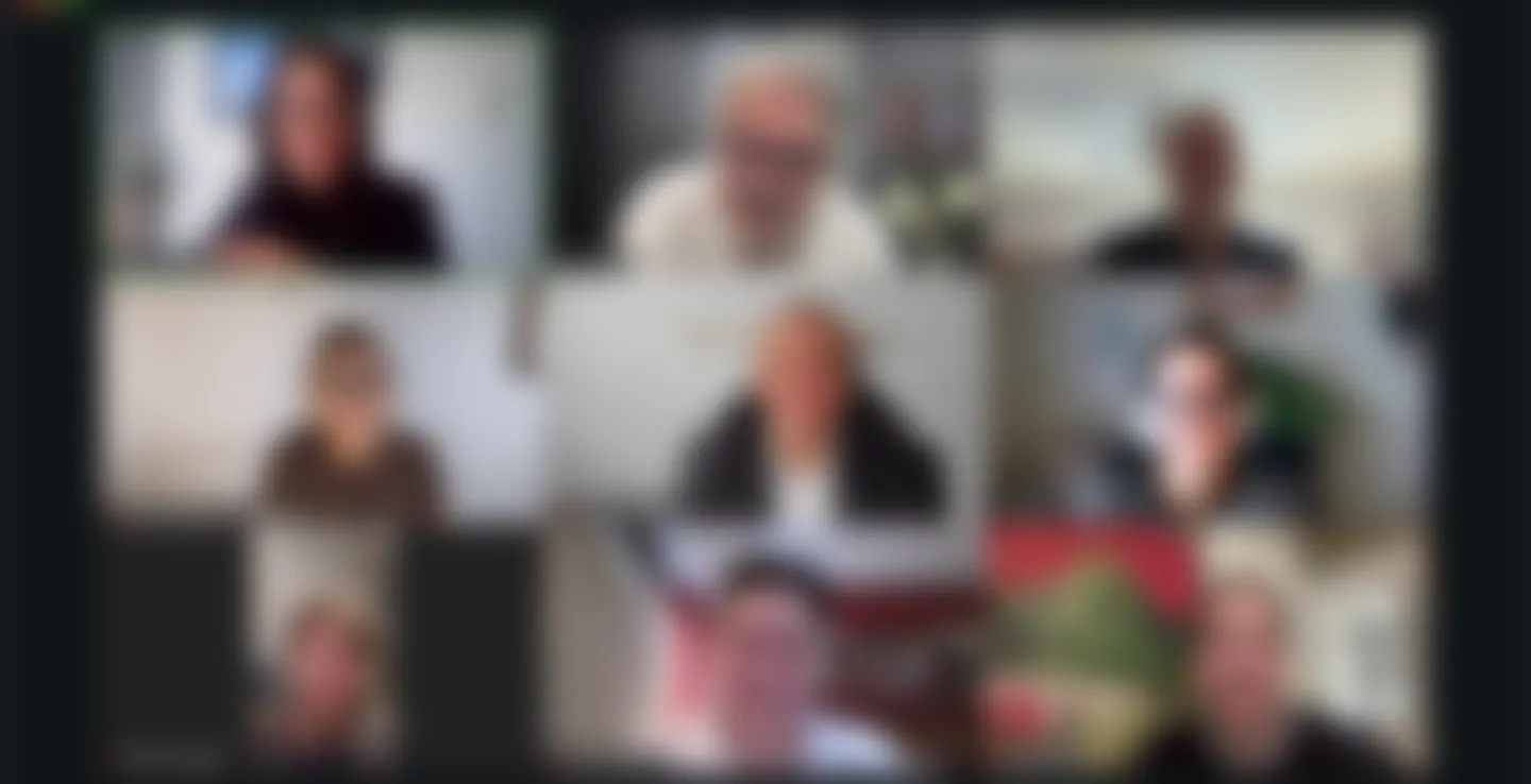Mosaico de una sesión de mentoría grupal online, rostros difuminados